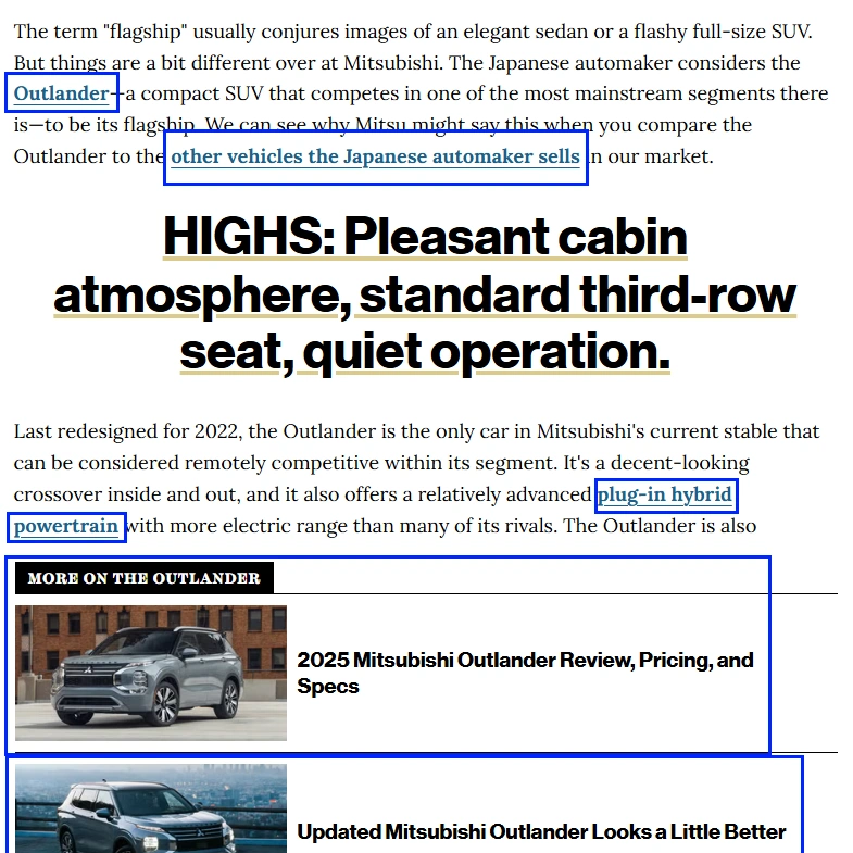 Website layout showing internal linking in automotive blog