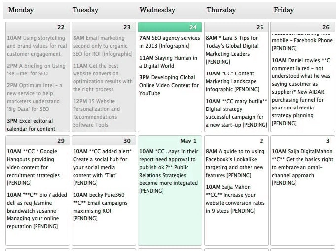 Content calendar showing blog publishing schedule