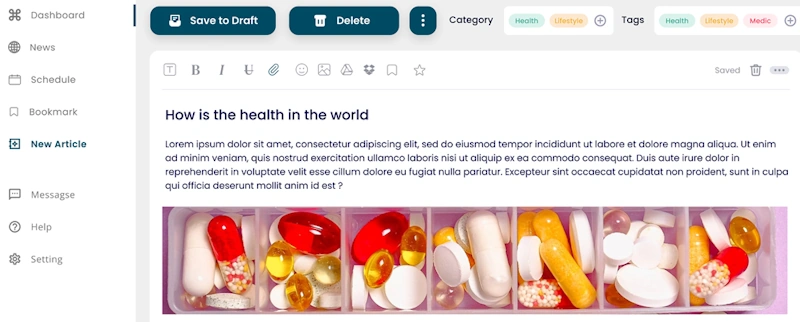 CMS dashboard showing publishing workflow for biotech articles