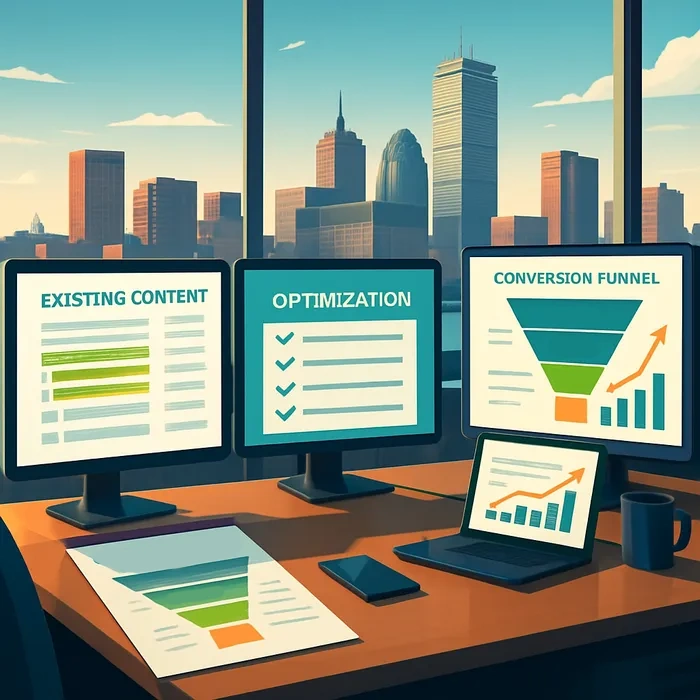 AtOnce team refining existing SEO content for a Massachusetts SEO company