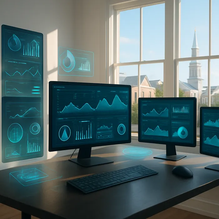 Charleston skyline with digital marketing icons