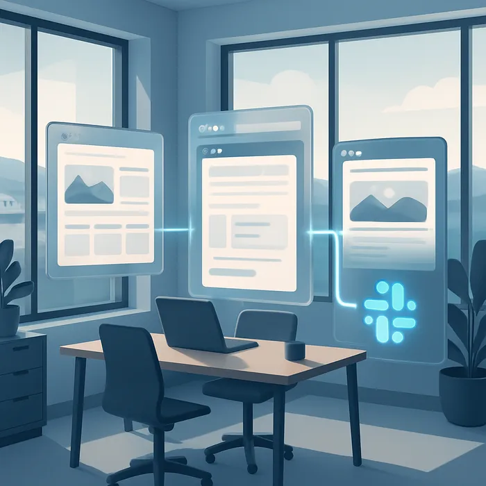 SEO content publishing and Slack support workflow illustration