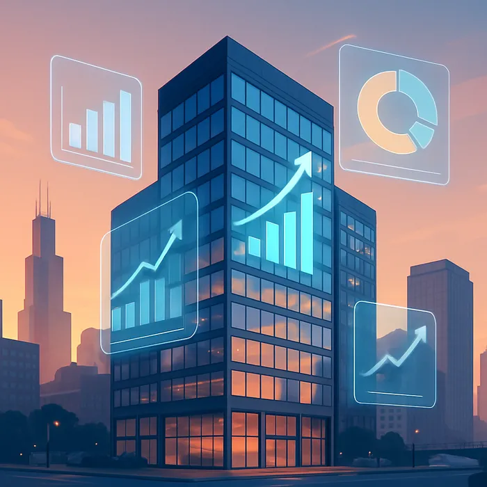Chicago skyline with digital marketing icons overlay