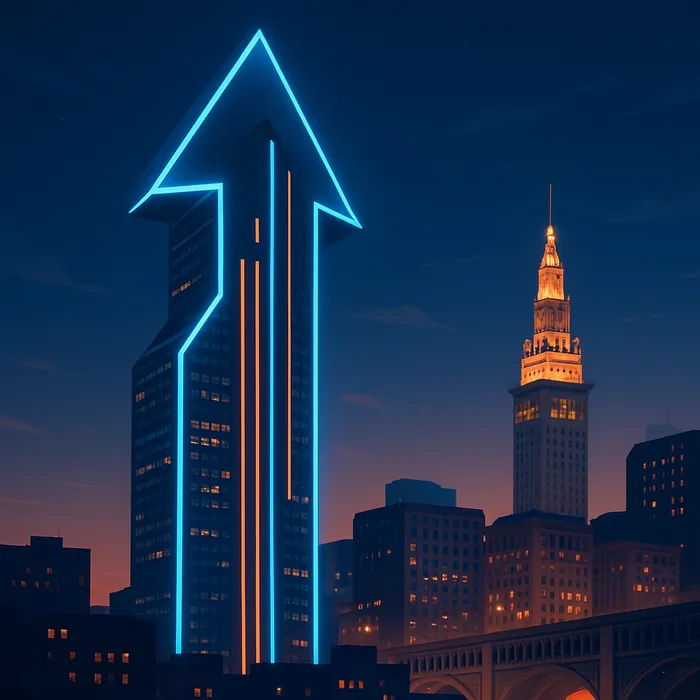 Cleveland city skyline with digital graphs showing growth