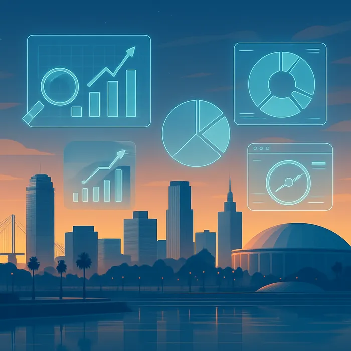 Long Beach SEO Company California banner showing a busy marketing team brainstorming with analytics on screens